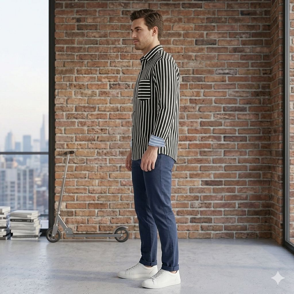 Black & White Vertical Stripe Shirt with Blue Cuff Detail