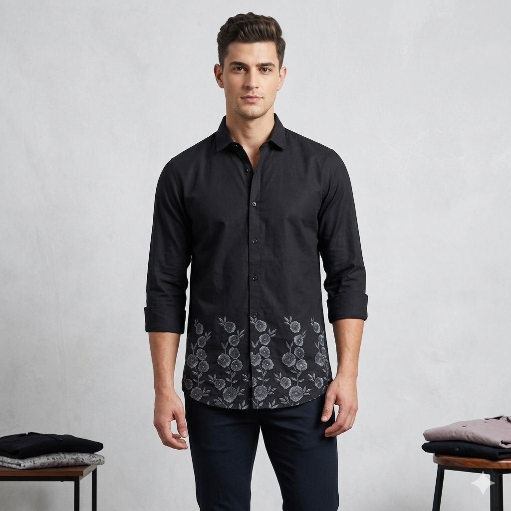 Black Slim Fit Shirt with Ombre Floral Hem Design