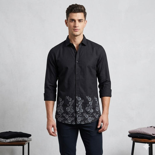 Black Slim Fit Shirt with Ombre Floral Hem Design