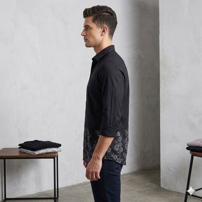 Black Slim Fit Shirt with Ombre Floral Hem Design