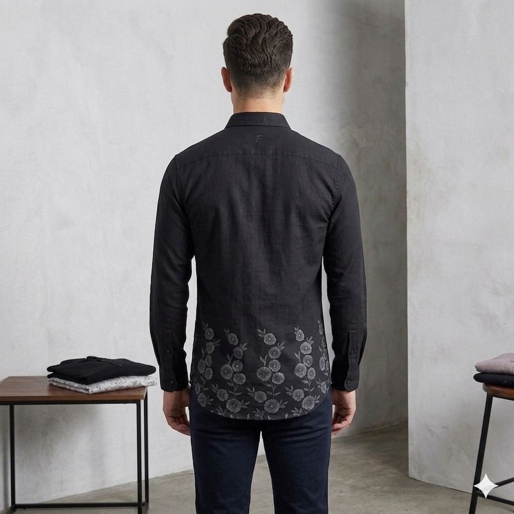 Black Slim Fit Shirt with Ombre Floral Hem Design
