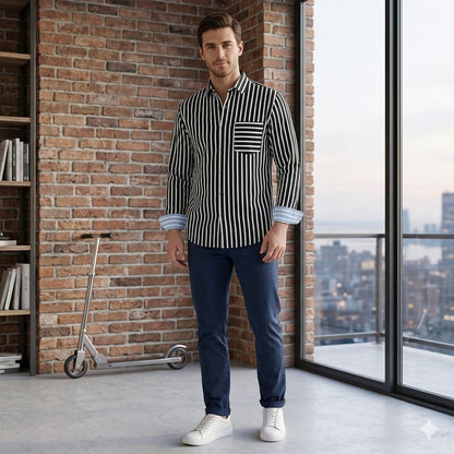 Black & White Vertical Stripe Shirt with Blue Cuff Detail