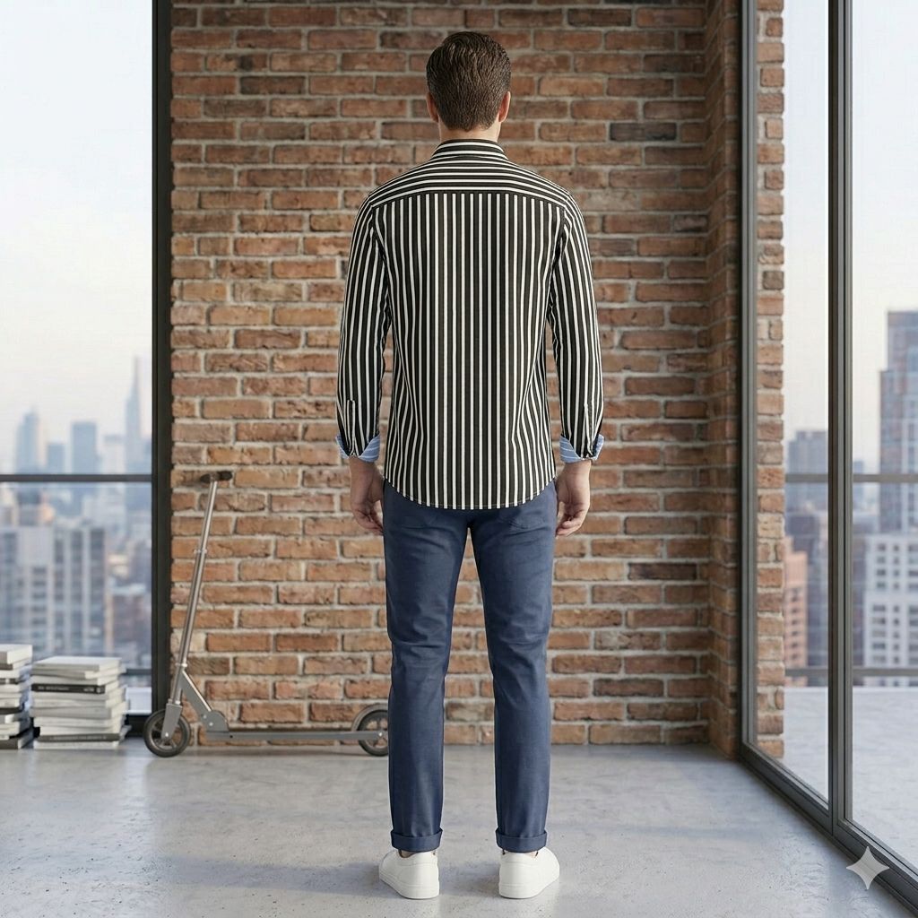 Black & White Vertical Stripe Shirt with Blue Cuff Detail