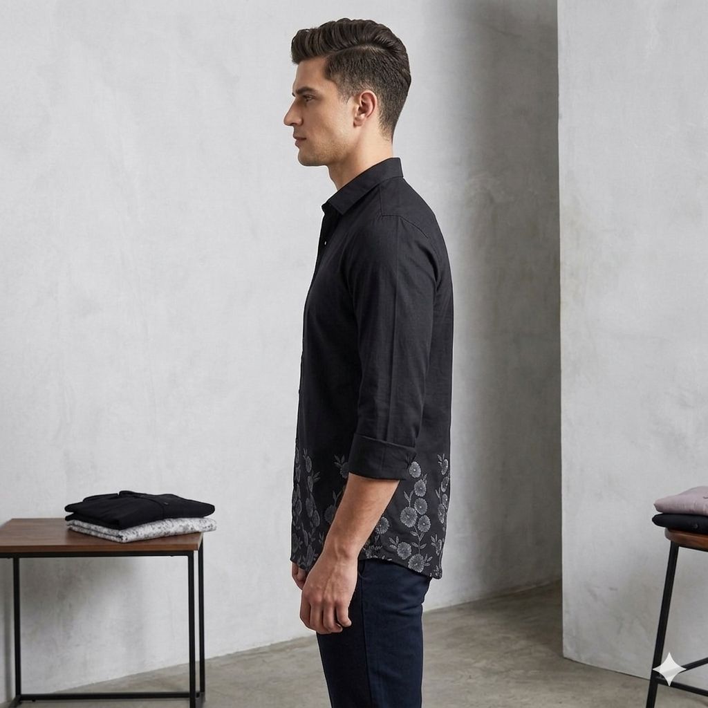 Black Slim Fit Shirt with Ombre Floral Hem Design