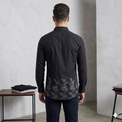 Black Slim Fit Shirt with Ombre Floral Hem Design
