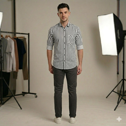 Modern Fit Black & White Vertical Stripe Shirt with Contrast Pocket