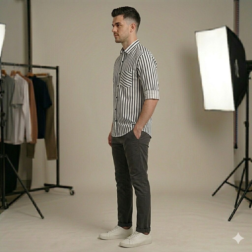 Modern Fit Black & White Vertical Stripe Shirt with Contrast Pocket