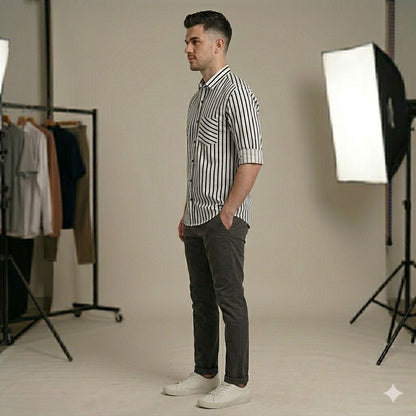 Modern Fit Black & White Vertical Stripe Shirt with Contrast Pocket