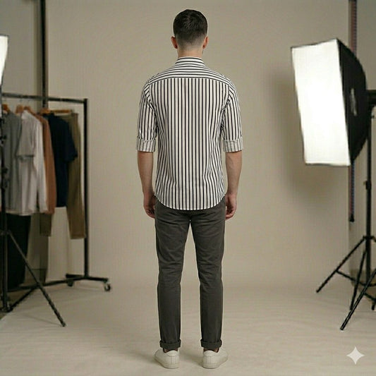 Modern Fit Black & White Vertical Stripe Shirt with Contrast Pocket