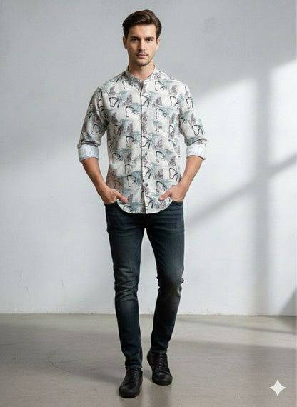 Illustrative Print Mandarin Collar Shirt