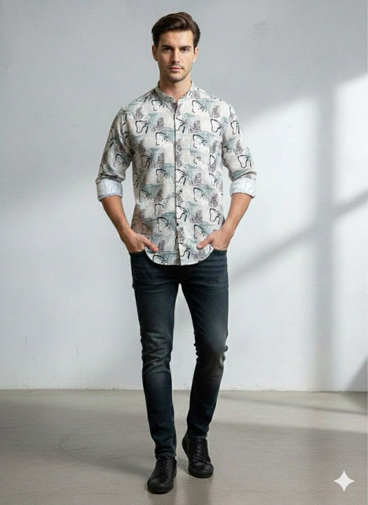 Illustrative Print Mandarin Collar Shirt