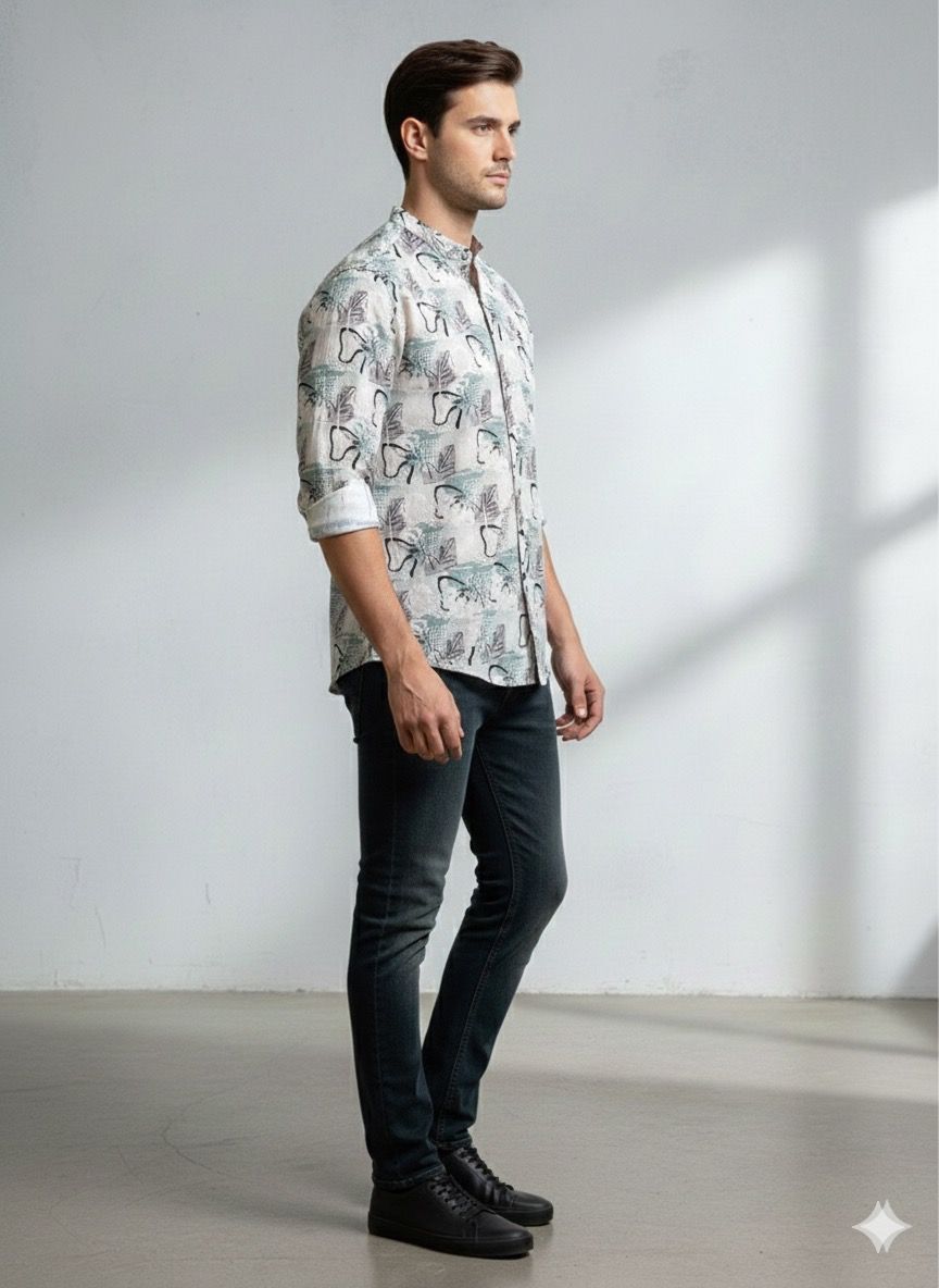 Illustrative Print Mandarin Collar Shirt