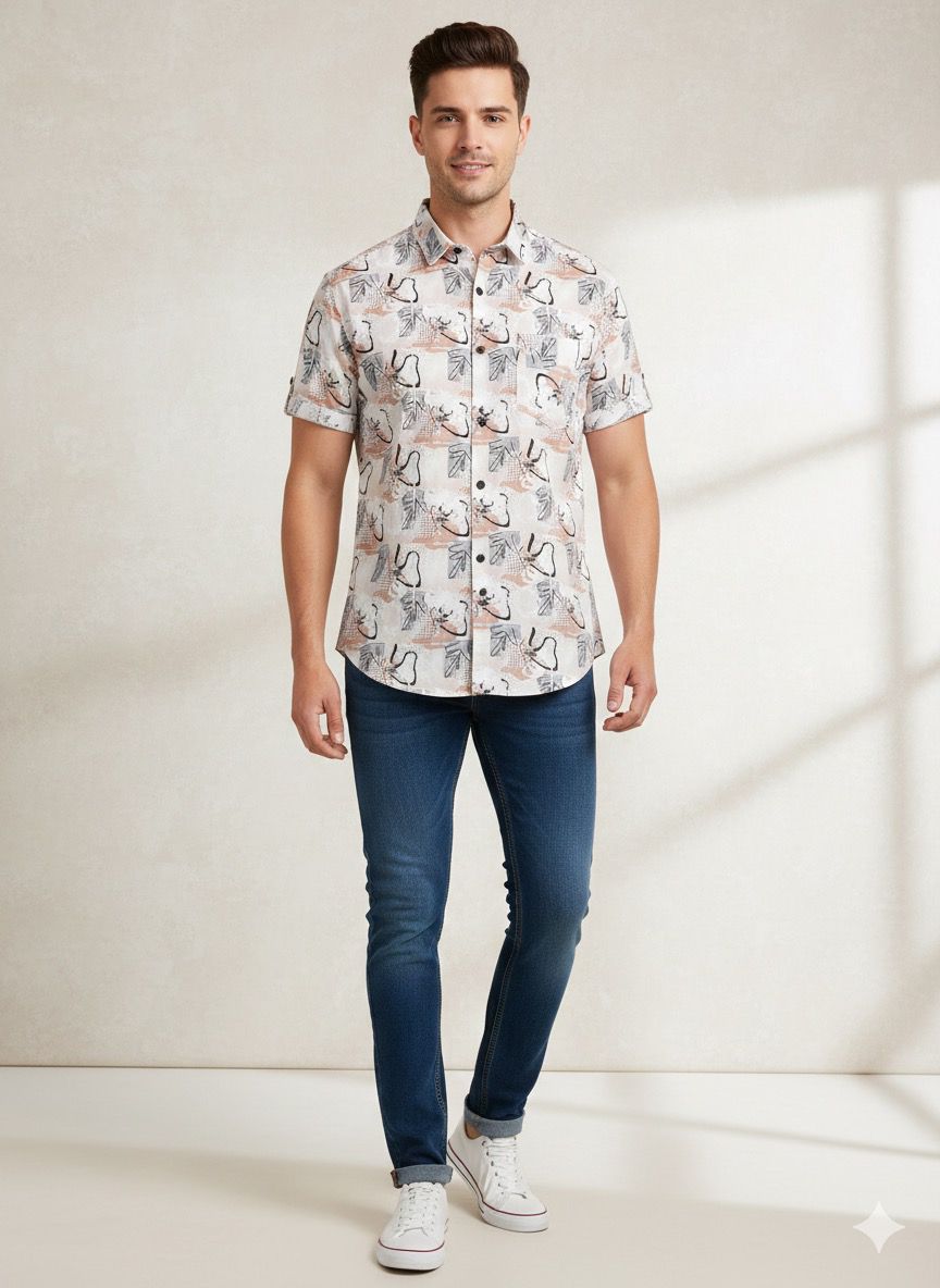 Illustrative Print Mandarin Collar Shirt