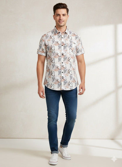 Illustrative Print Mandarin Collar Shirt