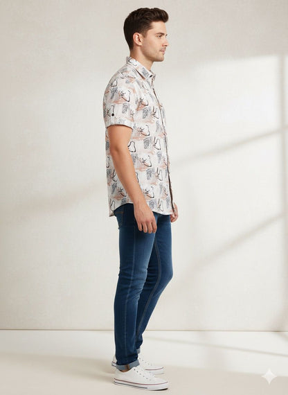 Illustrative Print Mandarin Collar Shirt