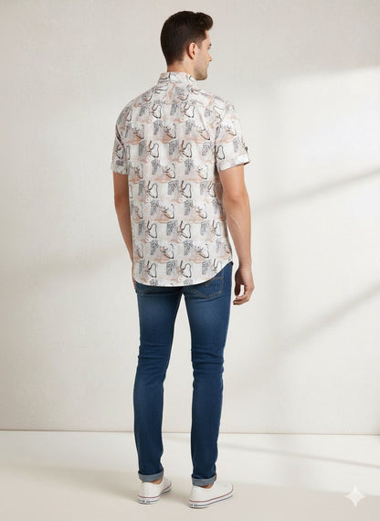 Illustrative Print Mandarin Collar Shirt