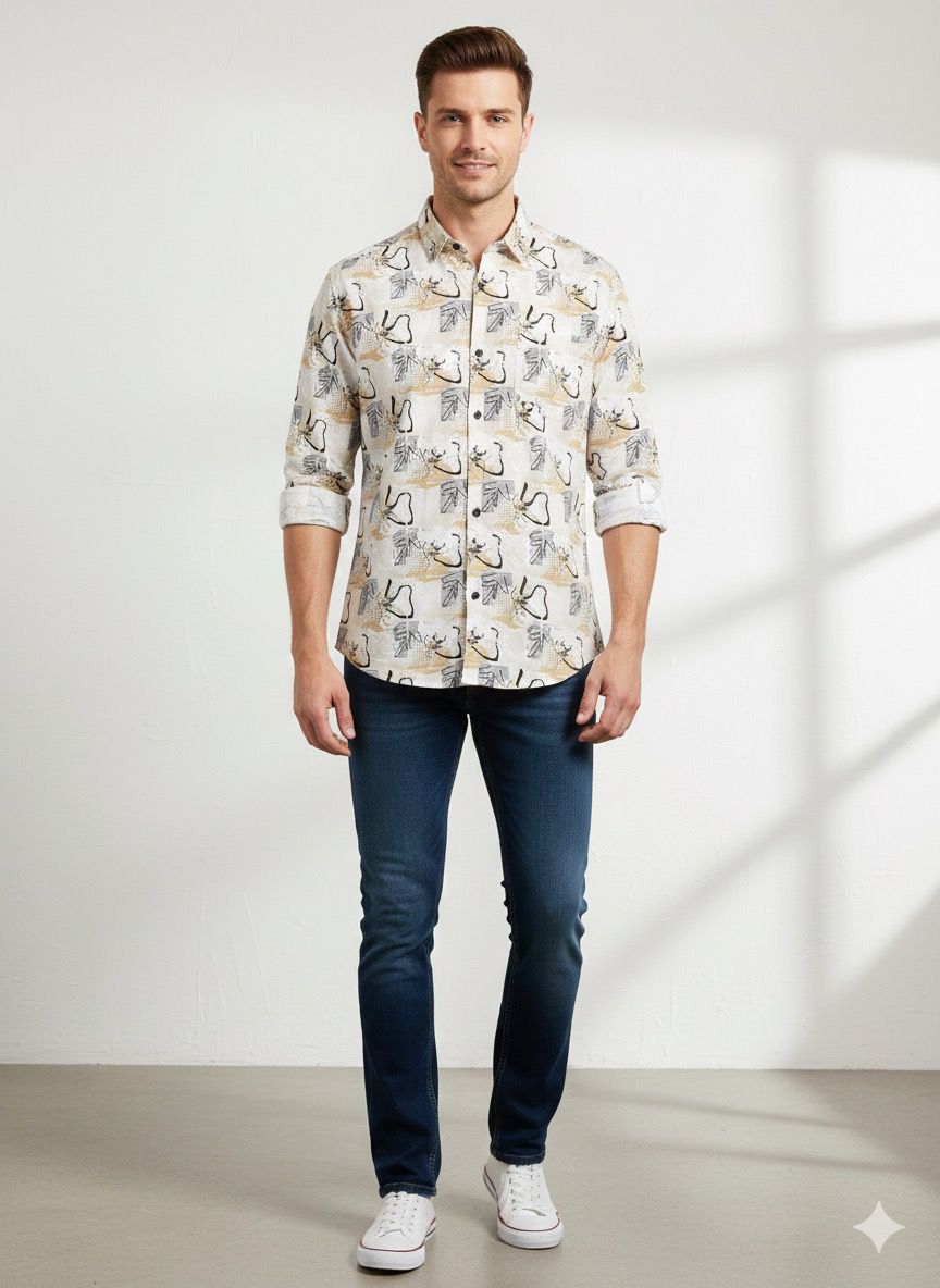 Illustrative Print Mandarin Collar Shirt