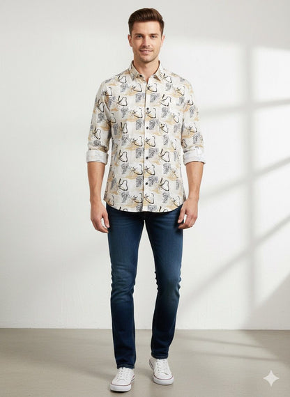 Illustrative Print Mandarin Collar Shirt