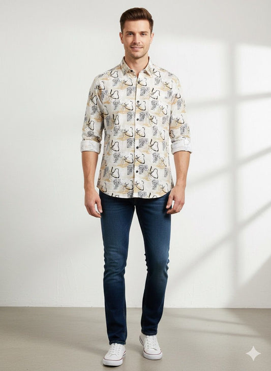 Illustrative Print Mandarin Collar Shirt