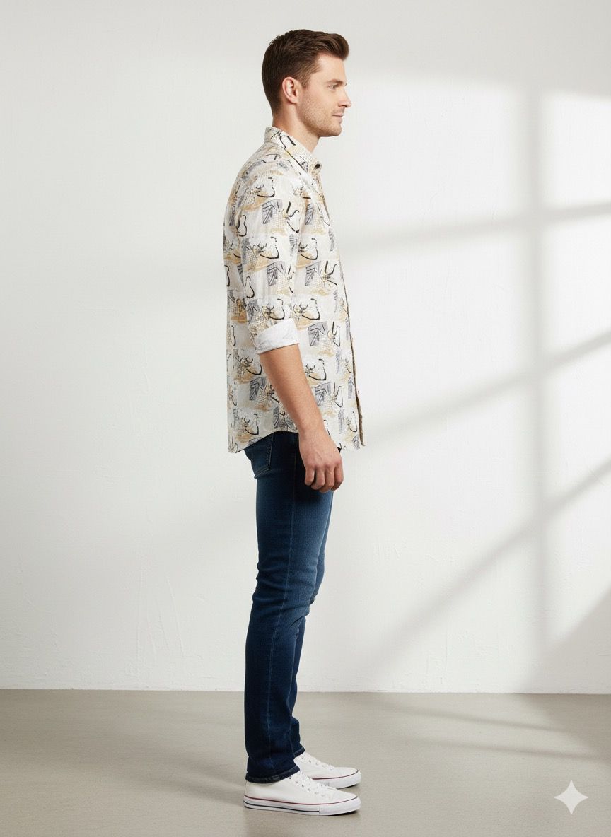 Illustrative Print Mandarin Collar Shirt