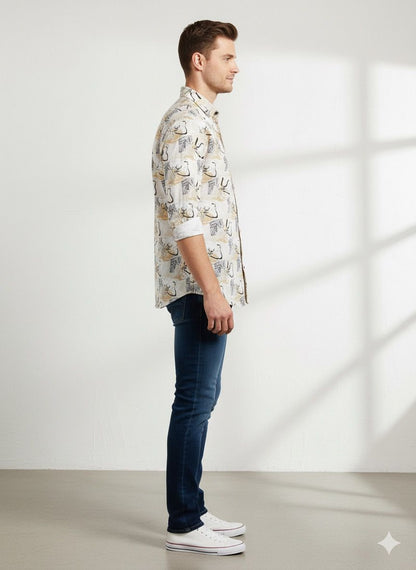 Illustrative Print Mandarin Collar Shirt