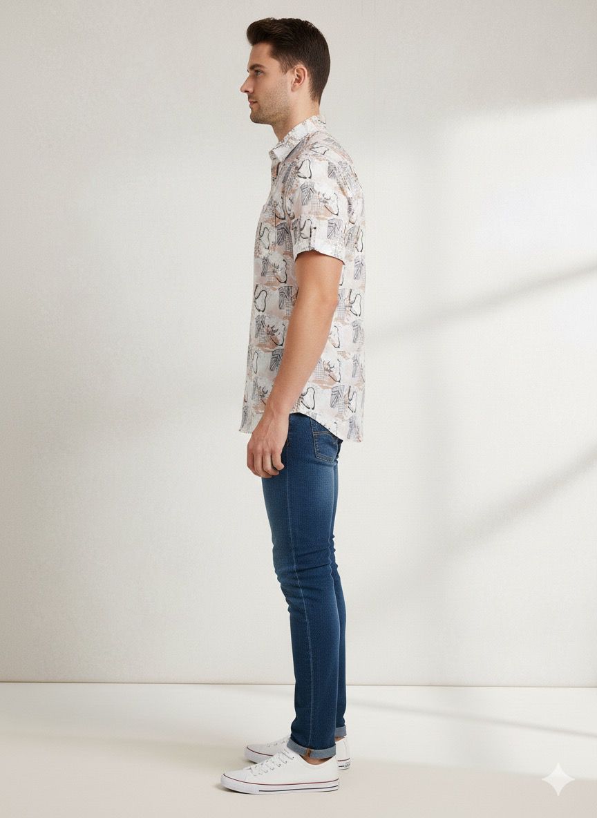 Illustrative Print Mandarin Collar Shirt