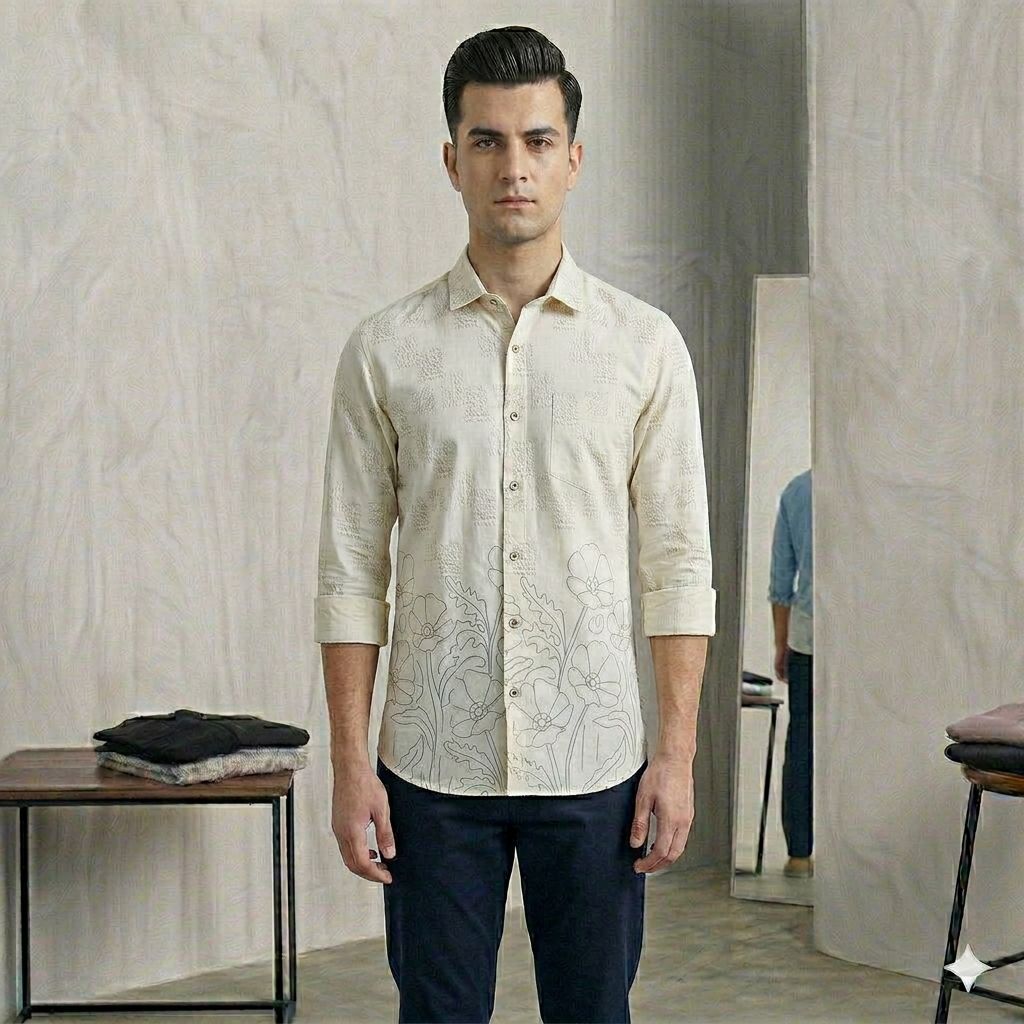 Black Slim Fit Shirt with Ombre Floral Hem Design