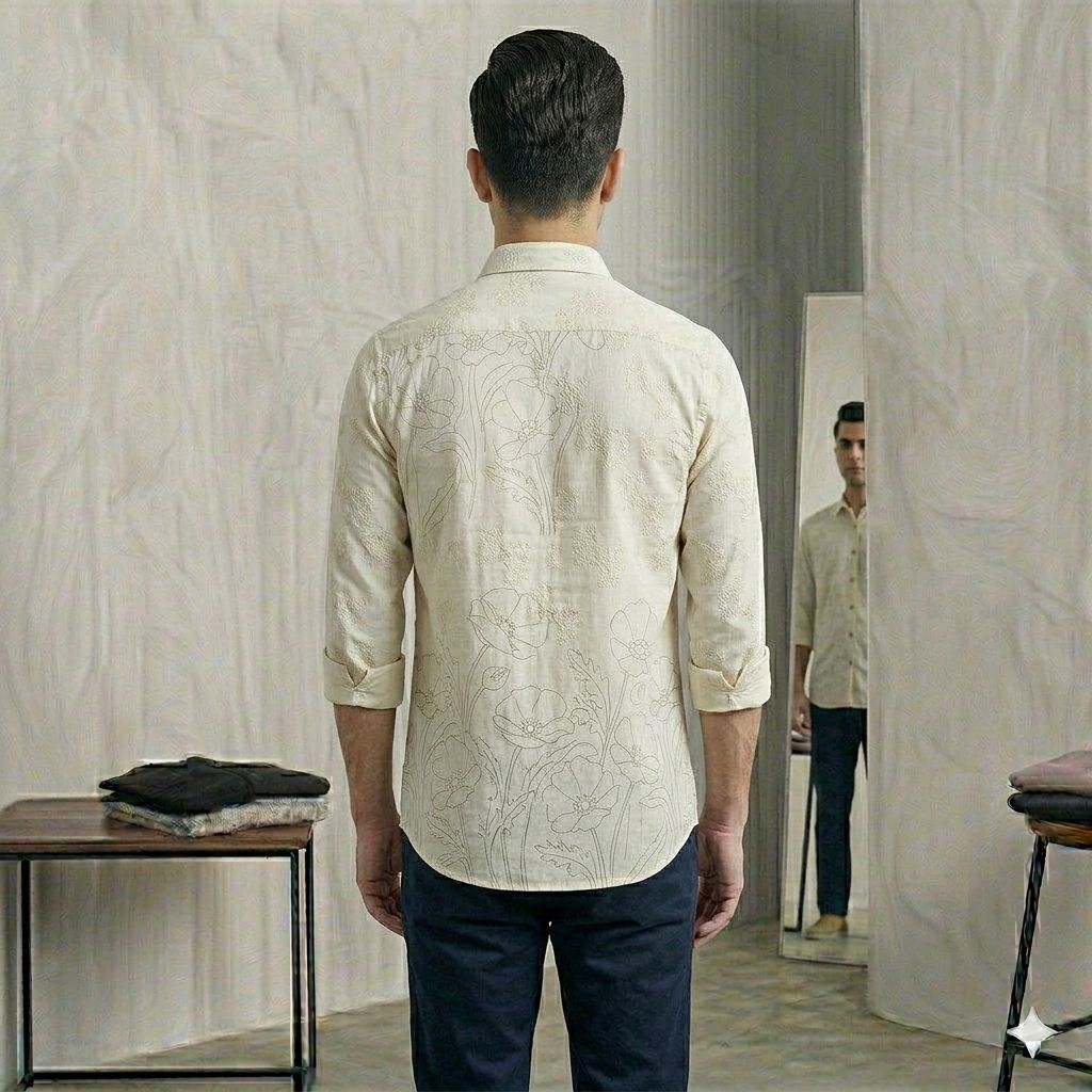 Black Slim Fit Textured Shirt with Floral Line Art Design