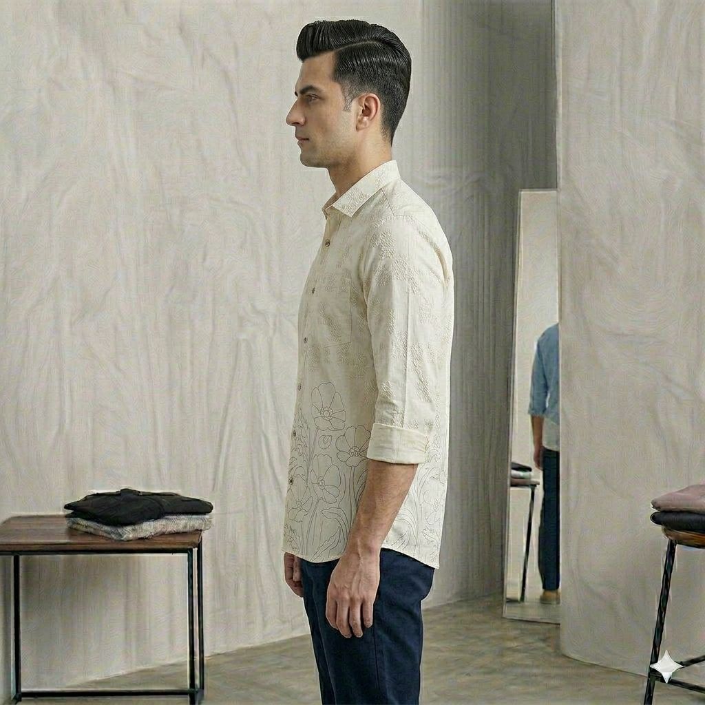 Black Slim Fit Textured Shirt with Floral Line Art Design