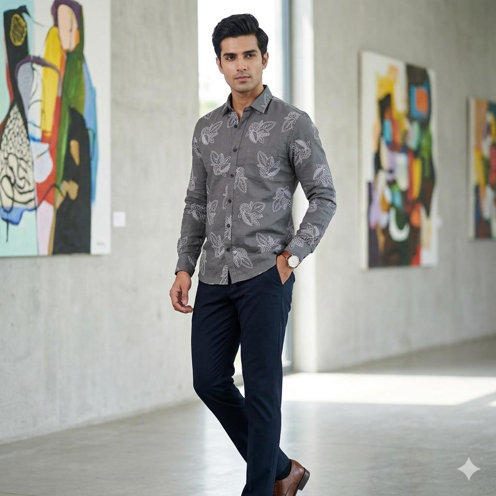 Men's Elegant Embroidered Leaf Design Shirt – Grey