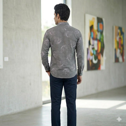 Men's Elegant Embroidered Leaf Design Shirt – Grey