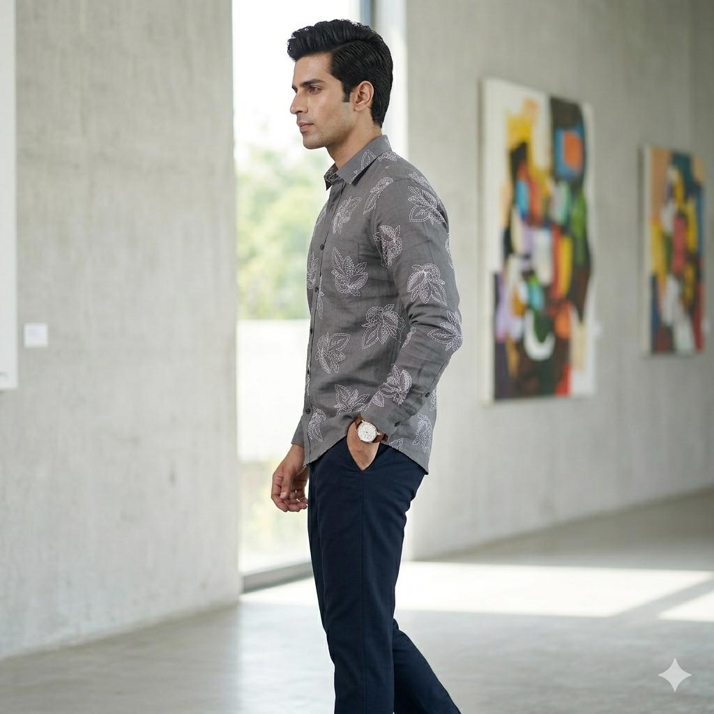 Men's Elegant Embroidered Leaf Design Shirt – Grey