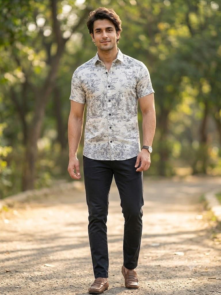Men's Elegant Landscape Print Half Sleeve Shirt