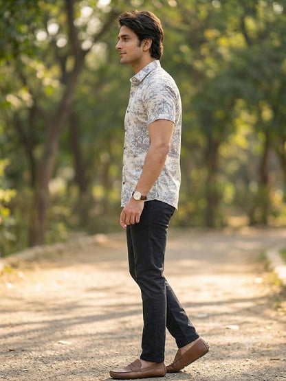 Men's Elegant Landscape Print Half Sleeve Shirt