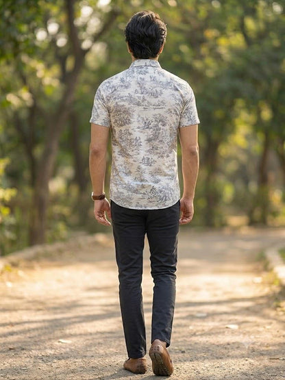 Men's Elegant Landscape Print Half Sleeve Shirt