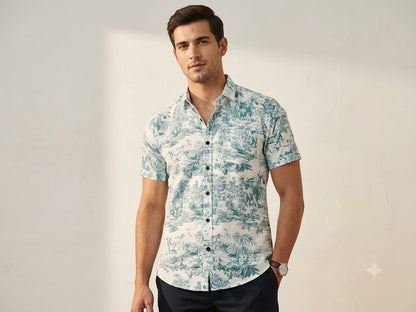 Men's Elegant Landscape Print Half Sleeve Shirt