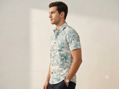 Men's Elegant Landscape Print Half Sleeve Shirt