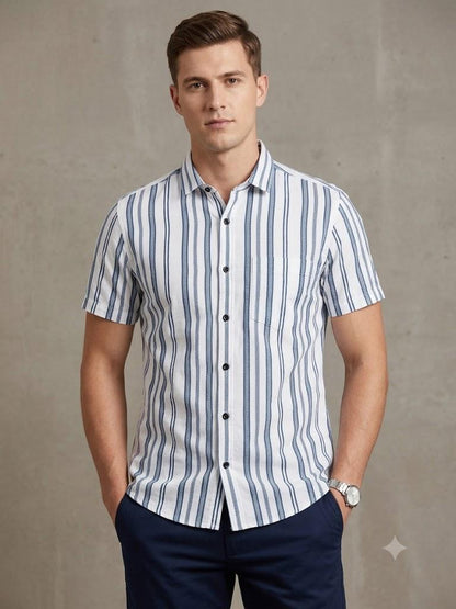 Men's Smart Casual Vertical Stripe Shirt with Chest Pocket