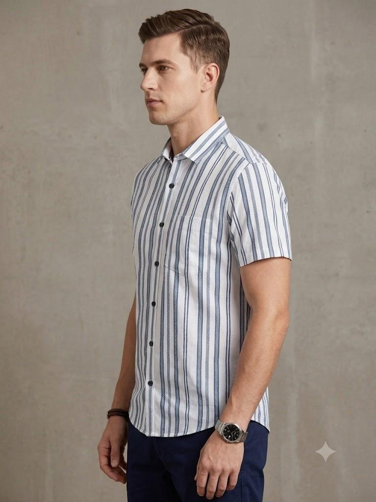 Men's Smart Casual Vertical Stripe Shirt with Chest Pocket