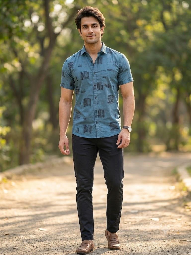 Men's Contemporary Geometric Pattern Button-Down Shirt