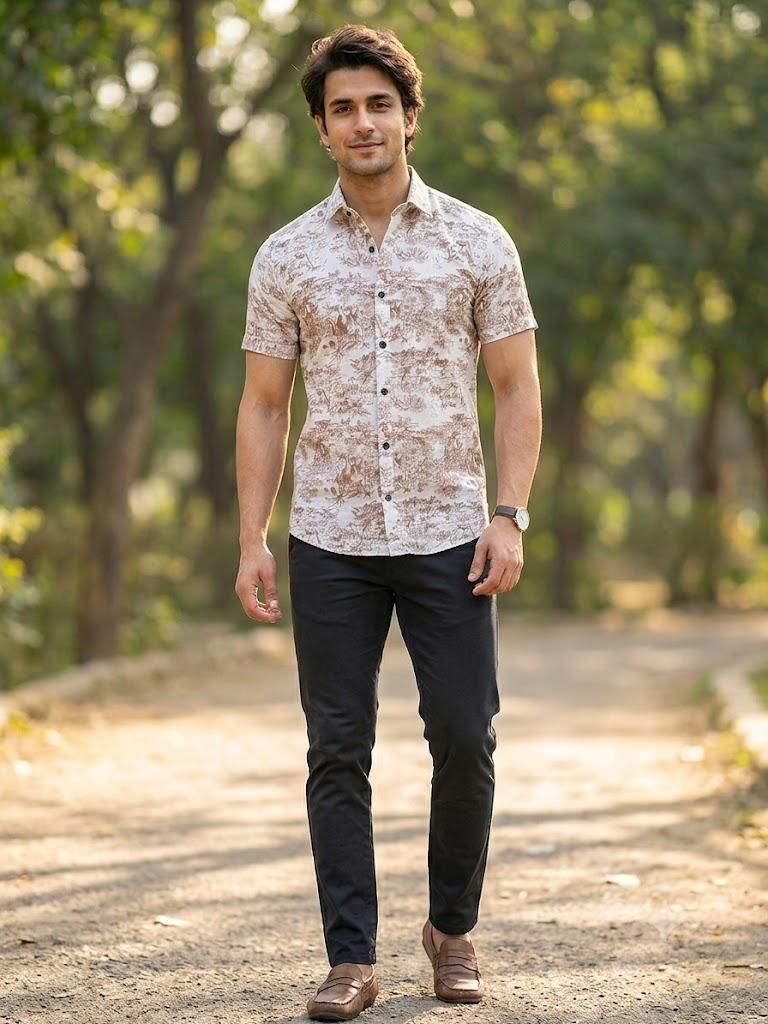 Men's Elegant Landscape Print Half Sleeve Shirt