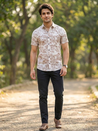 Men's Elegant Landscape Print Half Sleeve Shirt