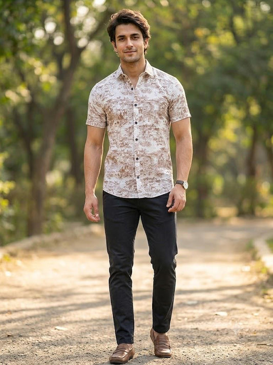 Men's Elegant Landscape Print Half Sleeve Shirt