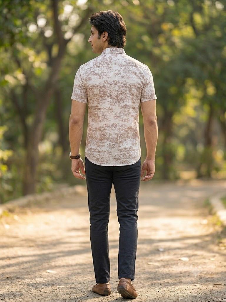 Men's Elegant Landscape Print Half Sleeve Shirt