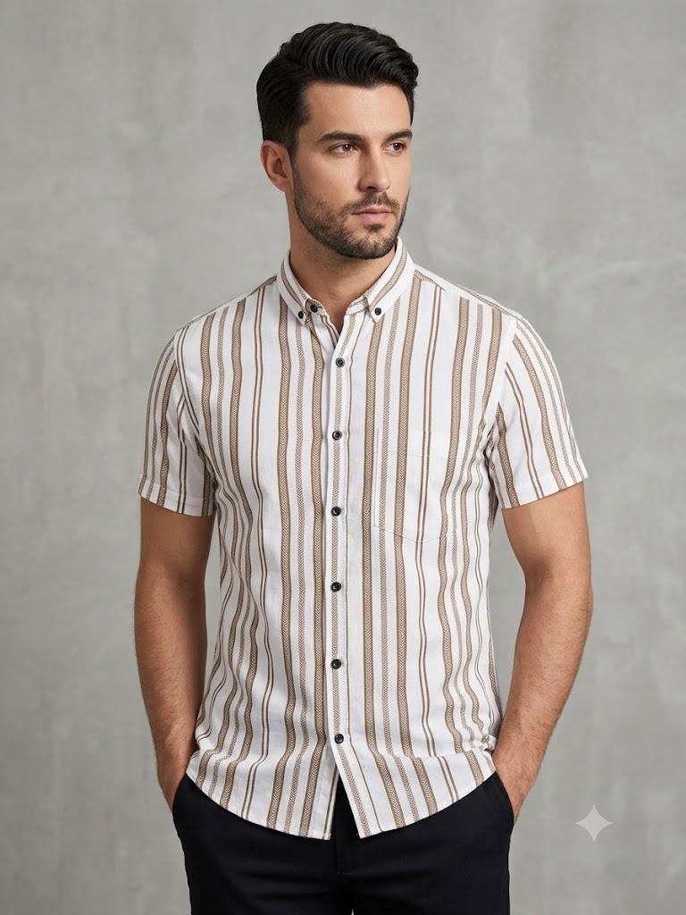Men's Smart Casual Vertical Stripe Shirt with Chest Pocket