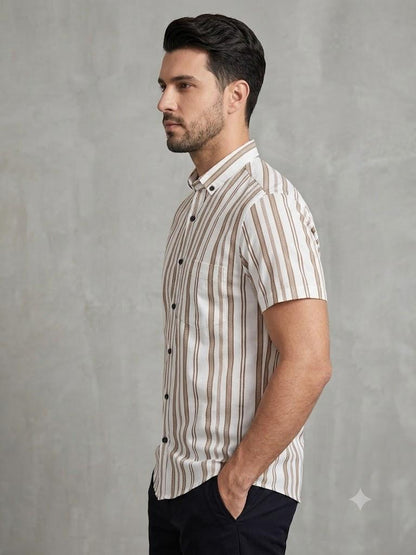 Men's Smart Casual Vertical Stripe Shirt with Chest Pocket