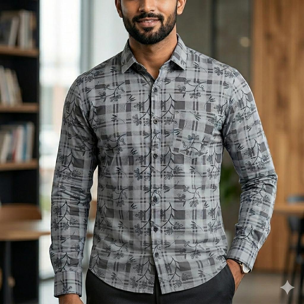 Men's Stylish Botanical Vine Print Shirt with Chest Pocket
