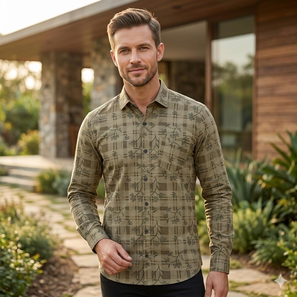 Men's Stylish Botanical Vine Print Shirt with Chest Pocket