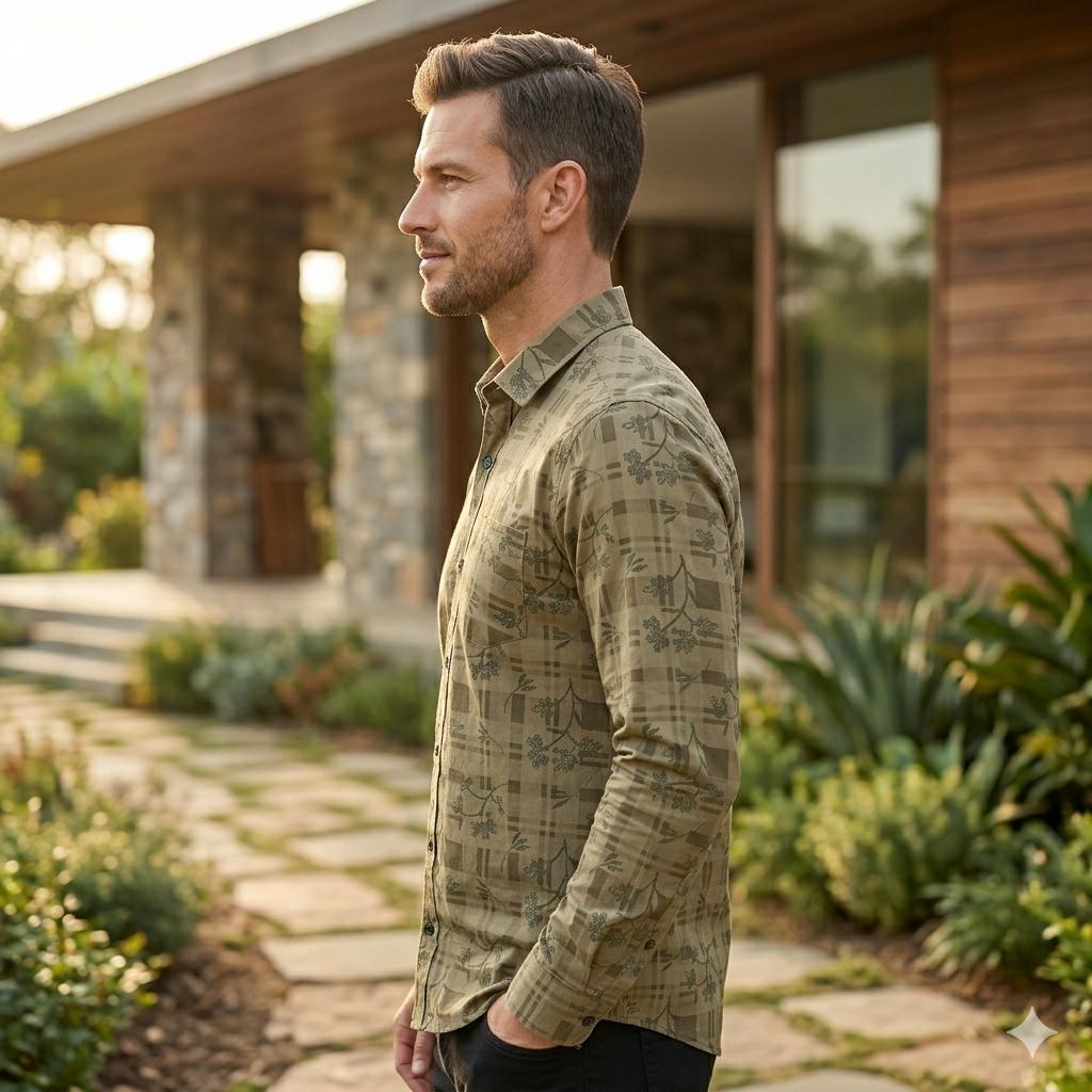 Men's Stylish Botanical Vine Print Shirt with Chest Pocket