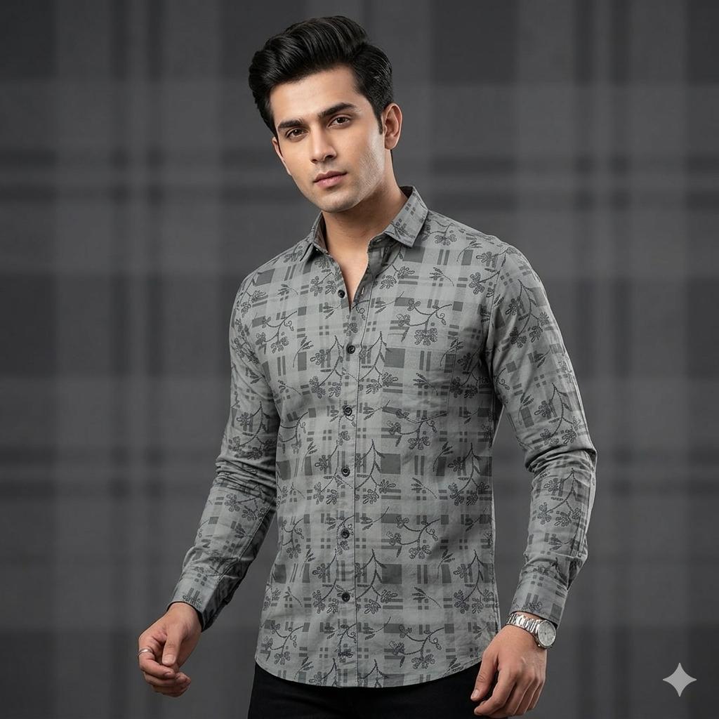 Men's Stylish Botanical Vine Print Shirt with Chest Pocket